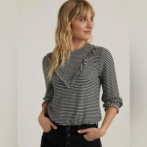 Lucky Brand Striped Ruffle Long Sleeve Top Smocked Cuffs Black White M